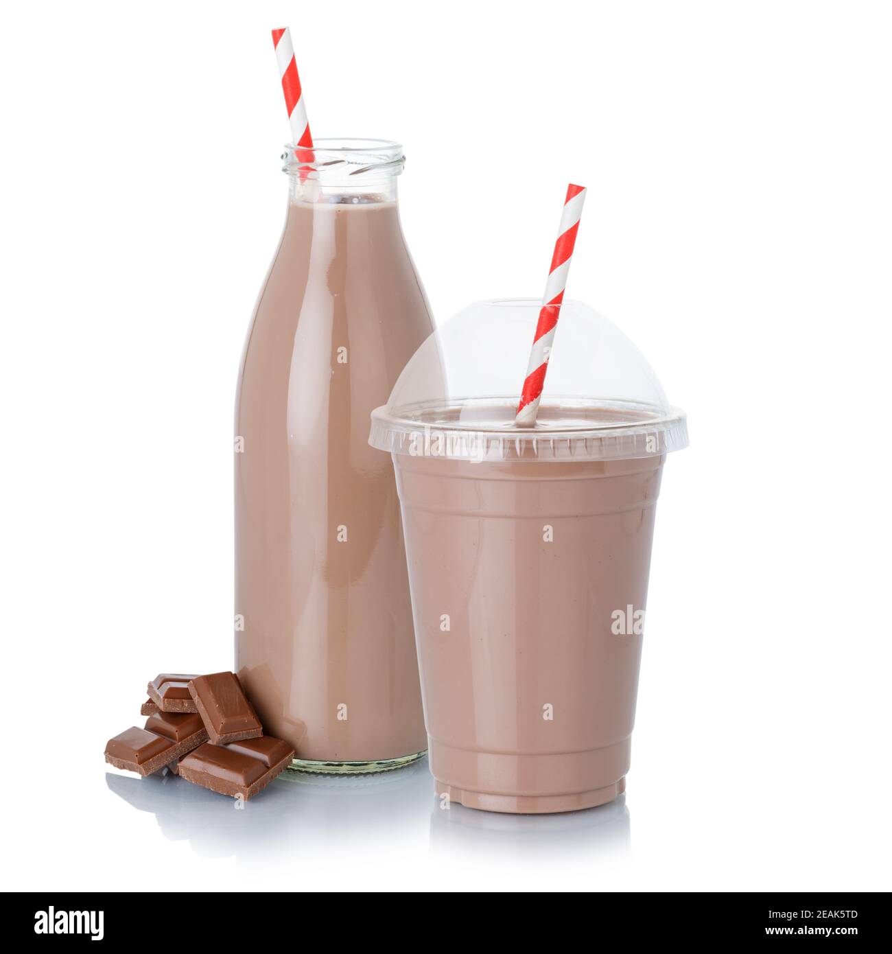Chocolate milk shake milkshake in a bottle cup straw isolated on white