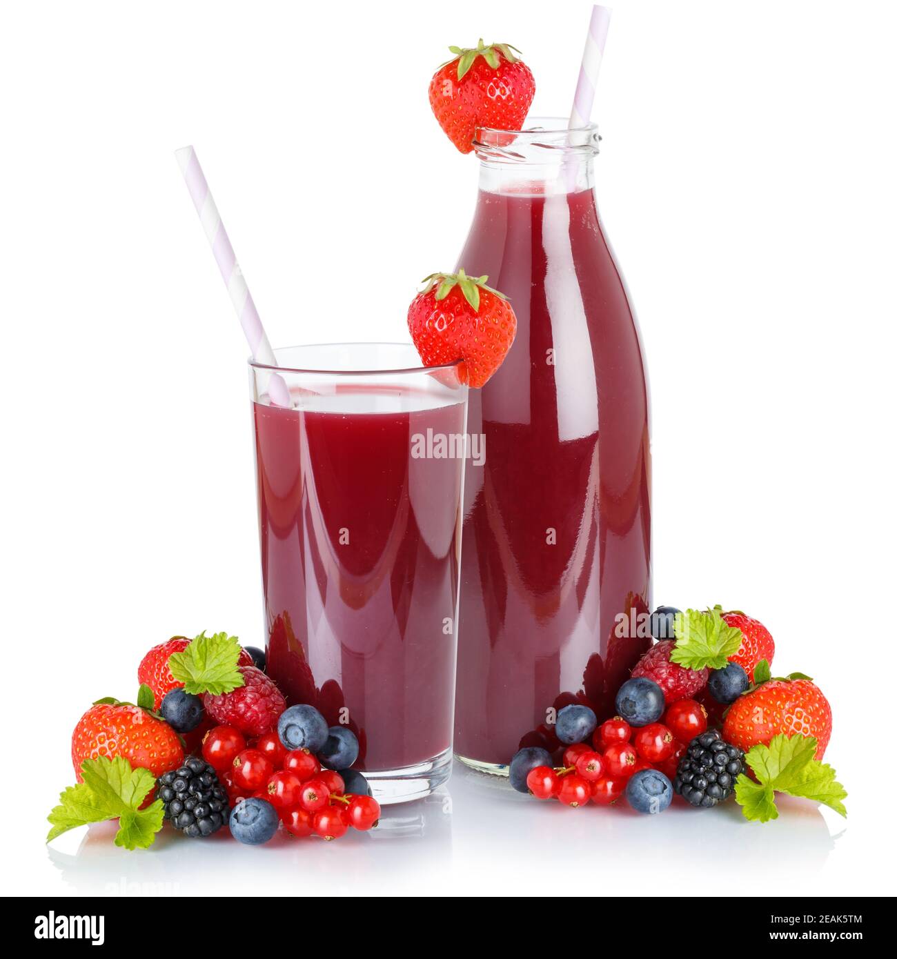 Berry smoothie fresh fruits fruit juice drink berries in a glass bottle isolated on white Stock Photo