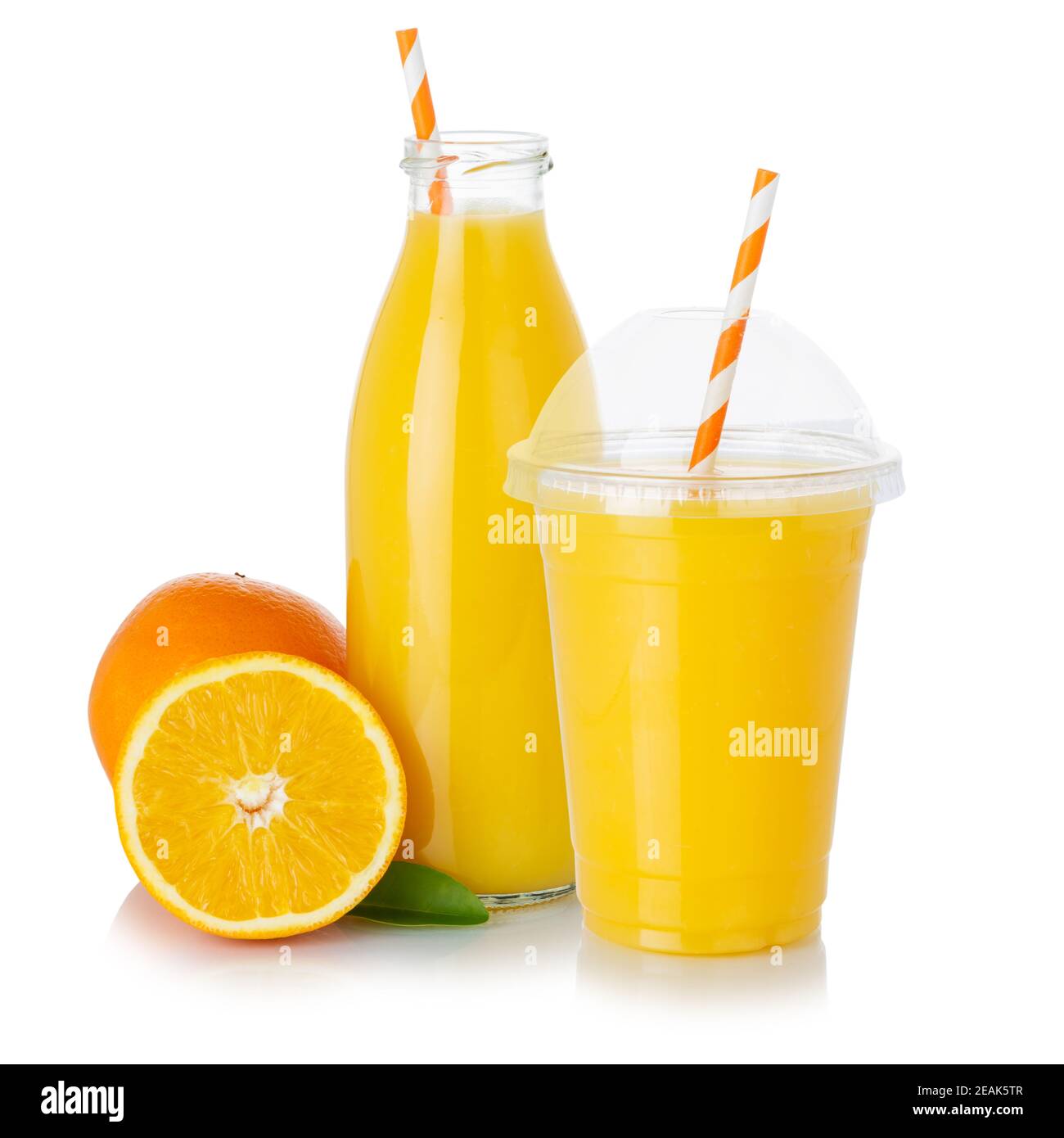 Orange fruit smoothie juice drink straw oranges in a bottle and cup