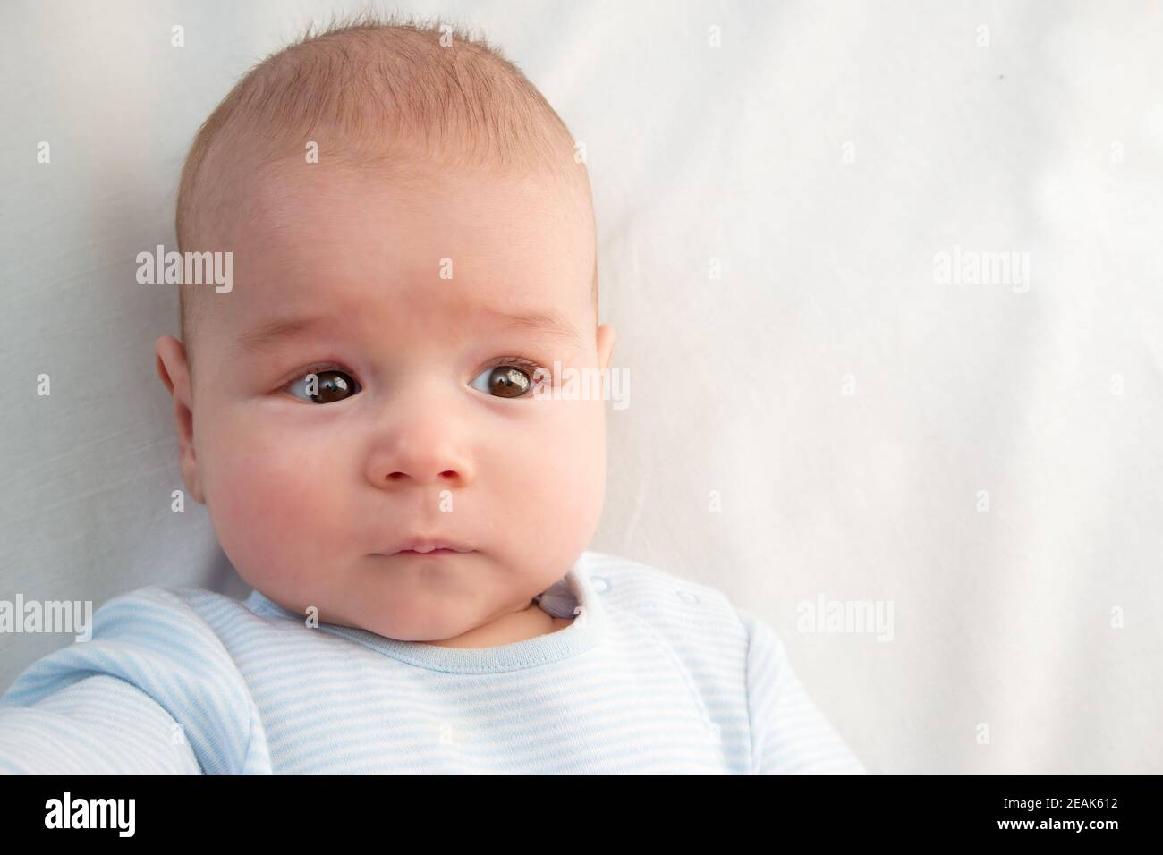 three month old baby wrapped in blue blanket Stock Photo Alamy