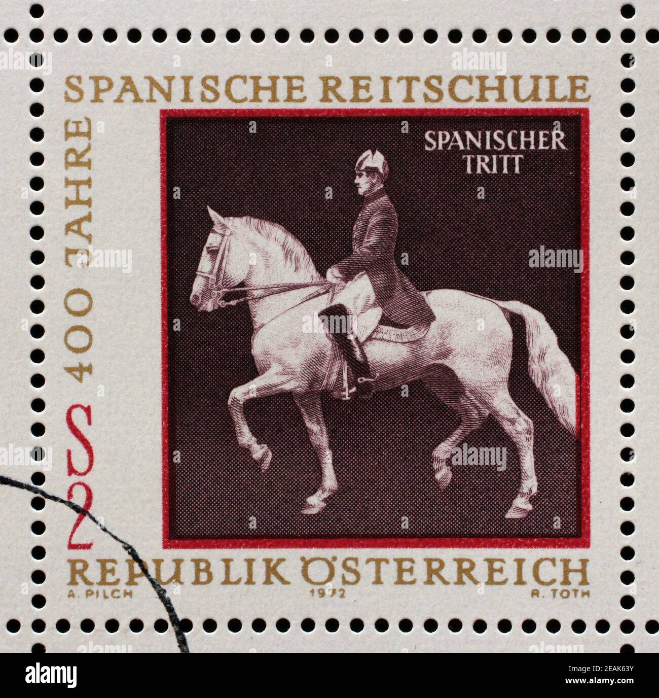 Stamp issued in the Austrian shows Equestrianism and horse riding, Spanish Horse Riding School in Vienna, circa 1972. Stock Photo