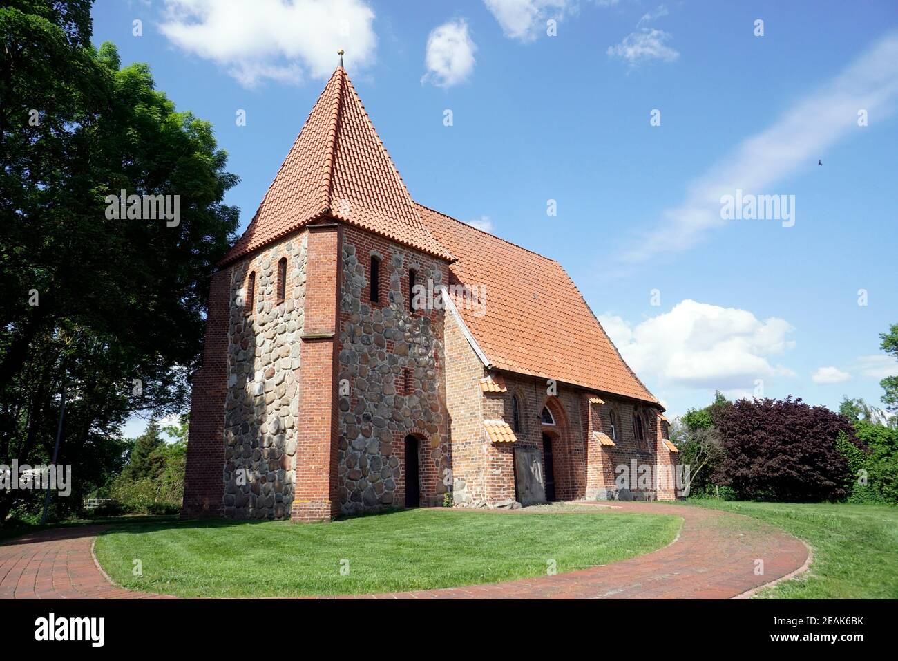 protestant-lutheran Virgin Mary chapel Oetzen, historical fieldstone chapel from the 14th century Stock Photo