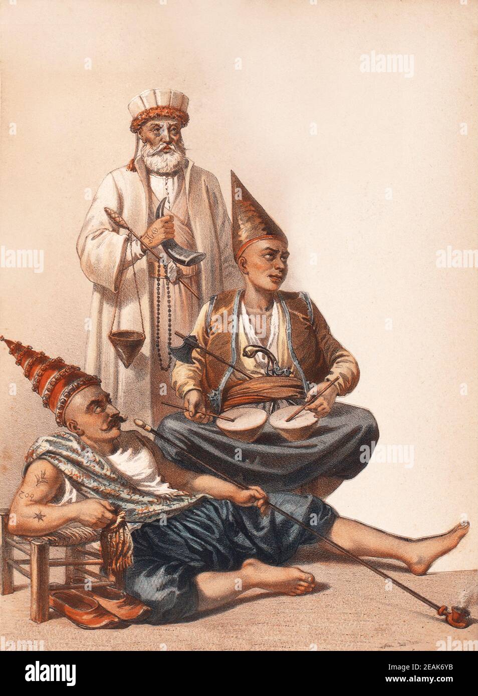 History of Ottoman Empire. (Derviche) Bertachi Emin Baba; Seirdin-ustasi (Chief of the Jesters); Soitari (volunteer Jester)) Stock Photo
