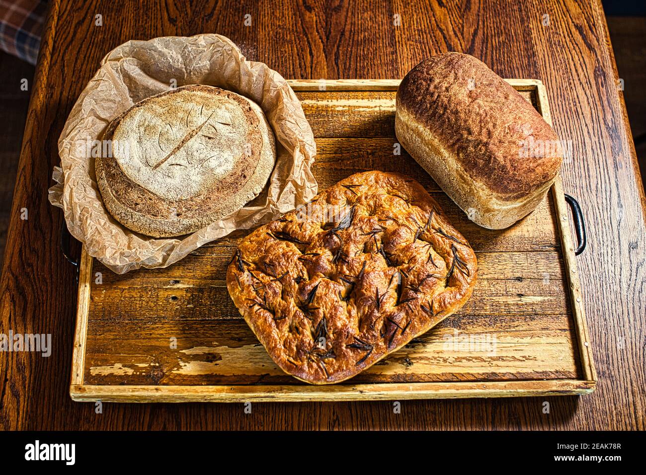 GREAT BRITAIN / England / freshly baked loaf of rye and wheat homemade sourdough bread / making artisan bread . Stock Photo