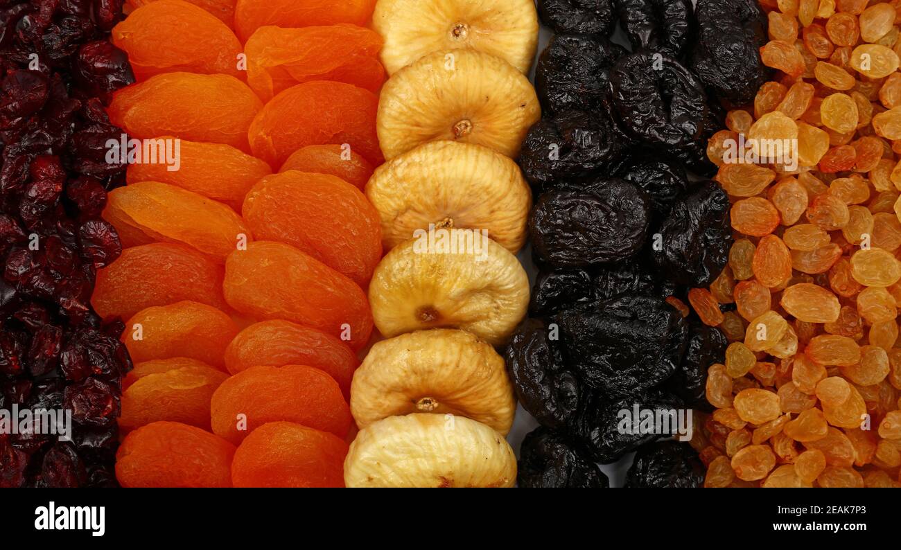 Background of assorted sundried fruits Stock Photo