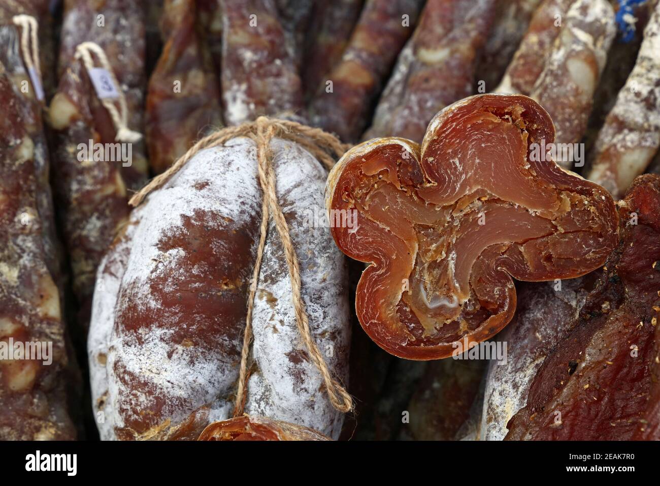 Selection of smoked and cured meat sausages Stock Photo