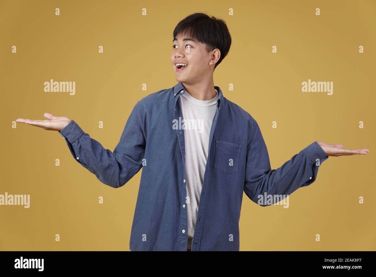 portrait of excited happy handsome young asian man dressed casually ...