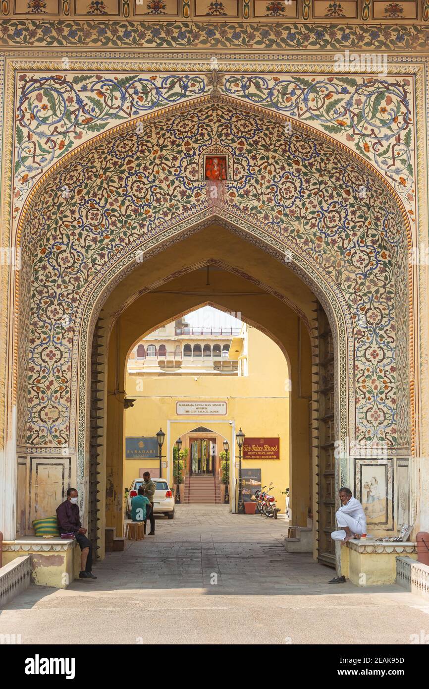 Main entry gate of City Palace, Jaipur, Rajasthan, India. Stock Photo