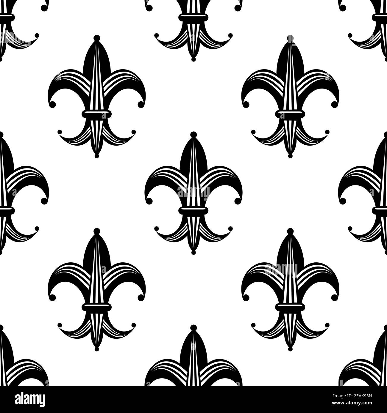 Seamless bold stylized fleur de lys pattern with a repeat black and white motif in square format for heraldry design Stock Vector