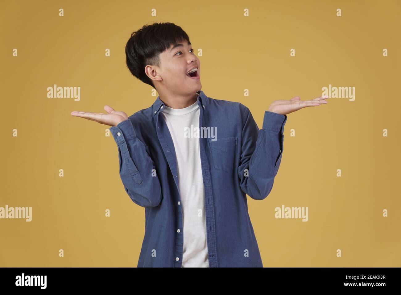 portrait of excited happy handsome young asian man dressed casually ...