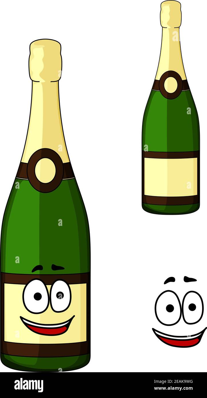 Happy festive green bottle of luxury champagne with a golden cap and happy smiling face with a second bottle with a blank label, cartoon  illustration Stock Vector