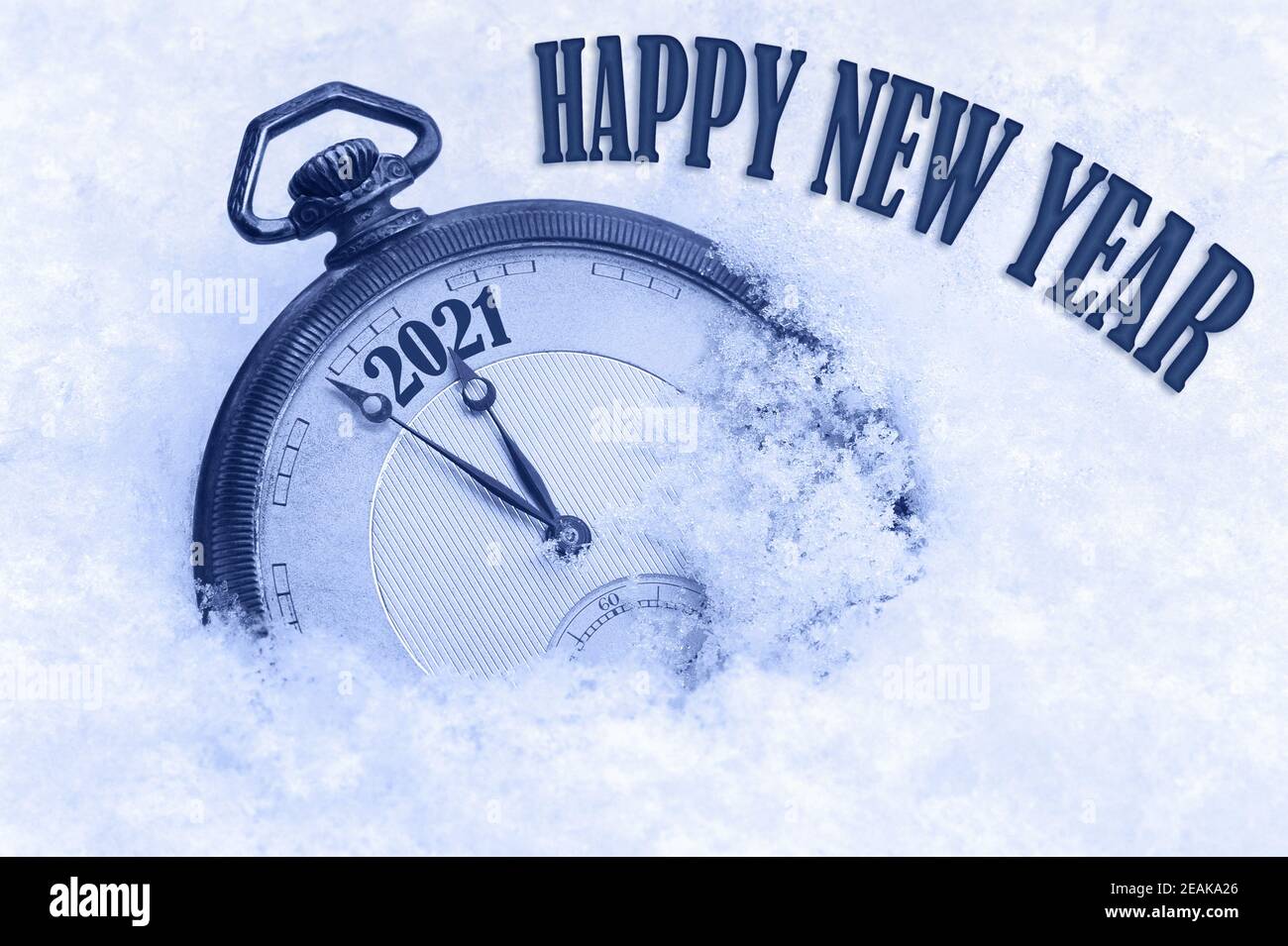 2021 Happy New Year, New Year 2021 greeting card, pocket watch in snow, English text, countdown to midnight Stock Photo