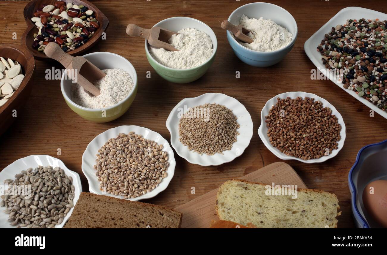 Ingredients for whole grain healthy bread, whole wheat flour Stock