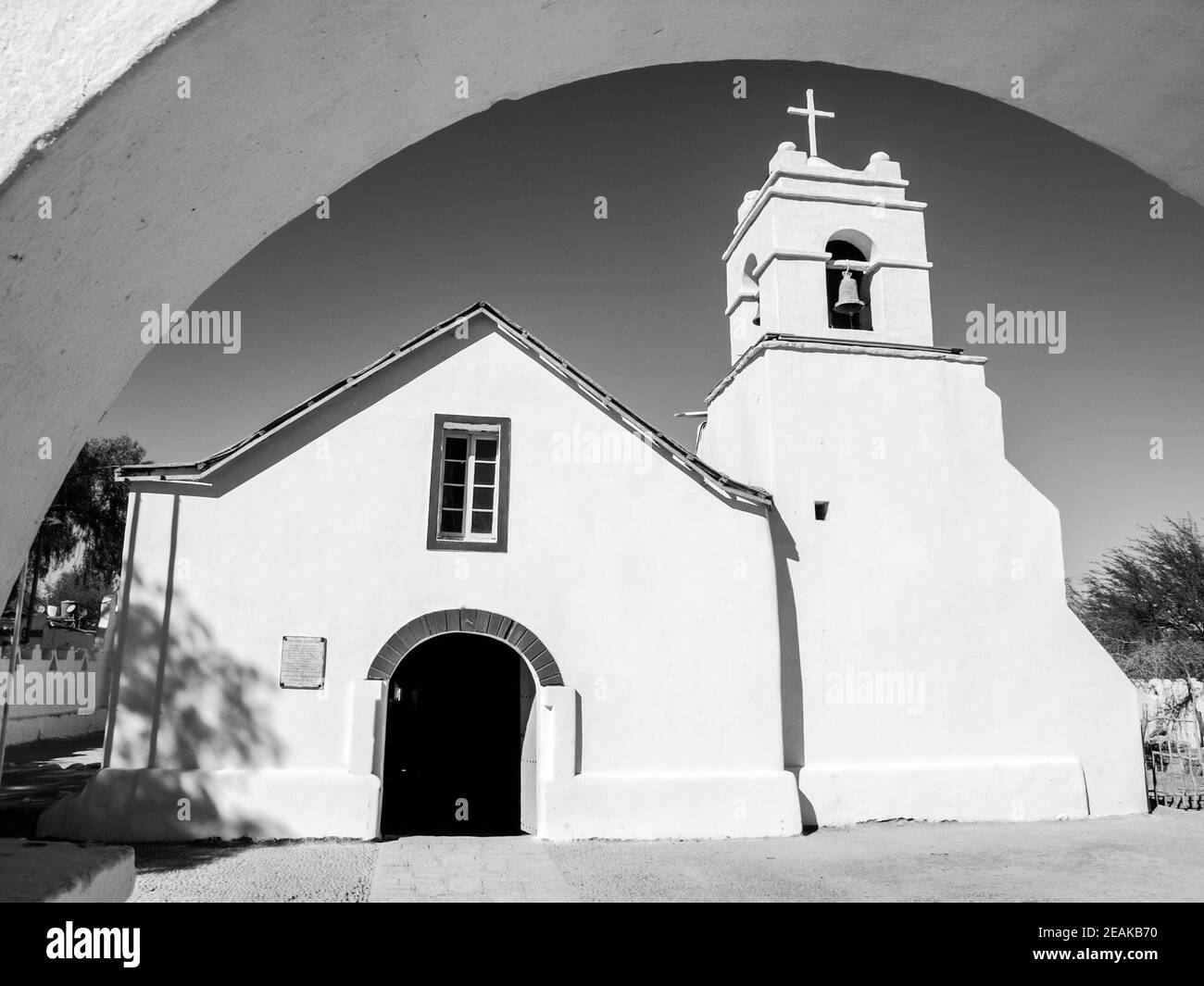 Little white colonial church of St. Peter, San Pedro de Atacama, Chile. Black and white image. Stock Photo