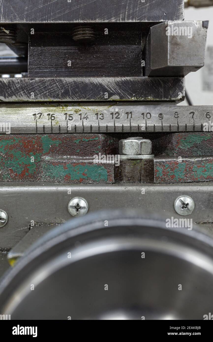 Old yellow lathe machine with a lot of handles Stock Photo - Alamy
