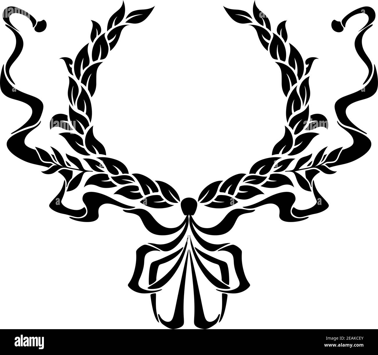 Foliate circular wreath with ornate swirling ribbons on either side in a symmetrical pattern for heraldry design Stock Vector