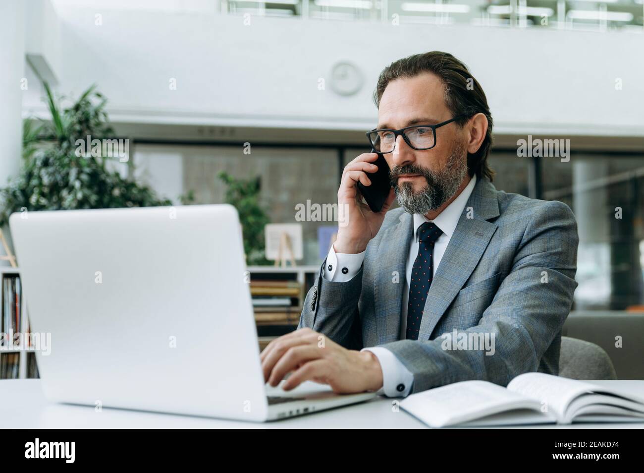 Concentrated handsome businessman is using smartphone, sitting at the desk in modern office. Senior male employee having a serious conversation by phone with colleague or boss, discussing work issues Stock Photo