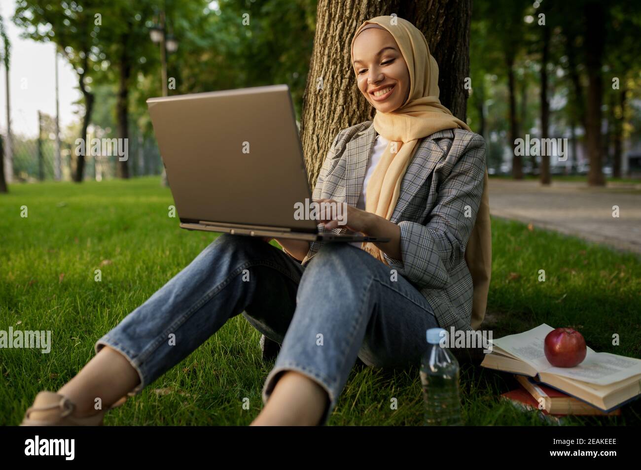 Arab girl in hijab using laptop in summer park Stock Photo - Alamy