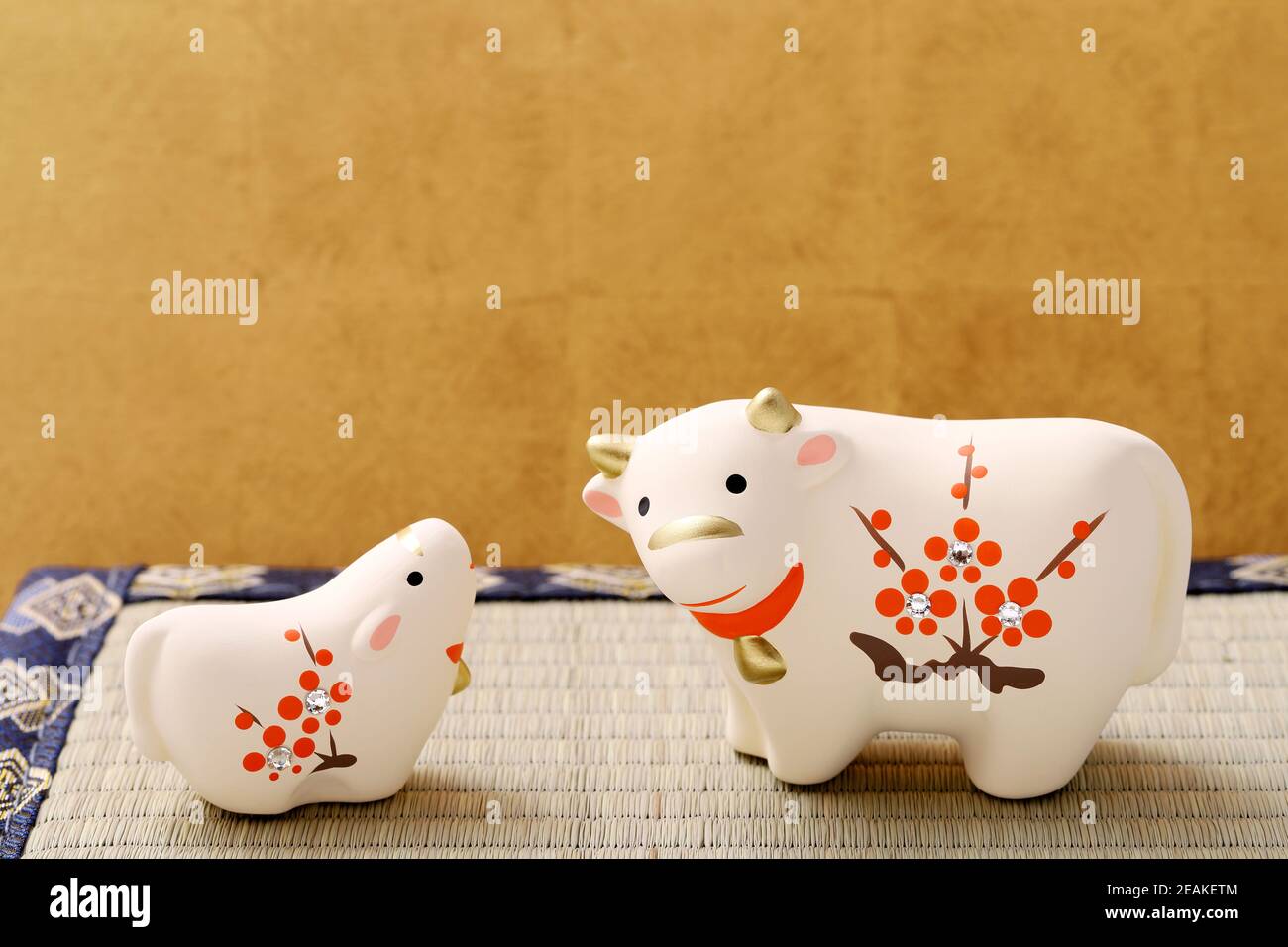 Dolls of Usi Cow. Japanese new year card. Japanese new year cow object Stock Photo