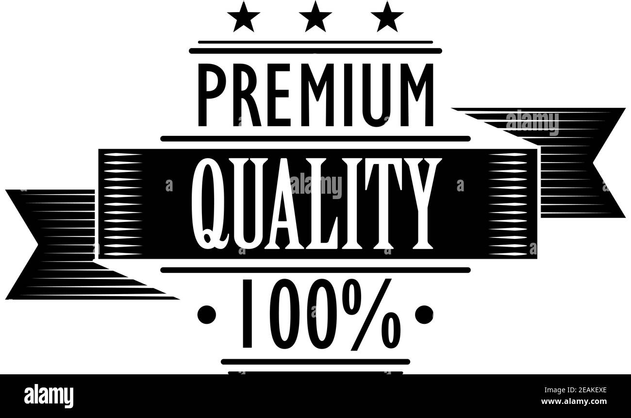 Black and white label icon for Premium Quality 100 percent with a flowing ribbon banner and text on white Stock Vector