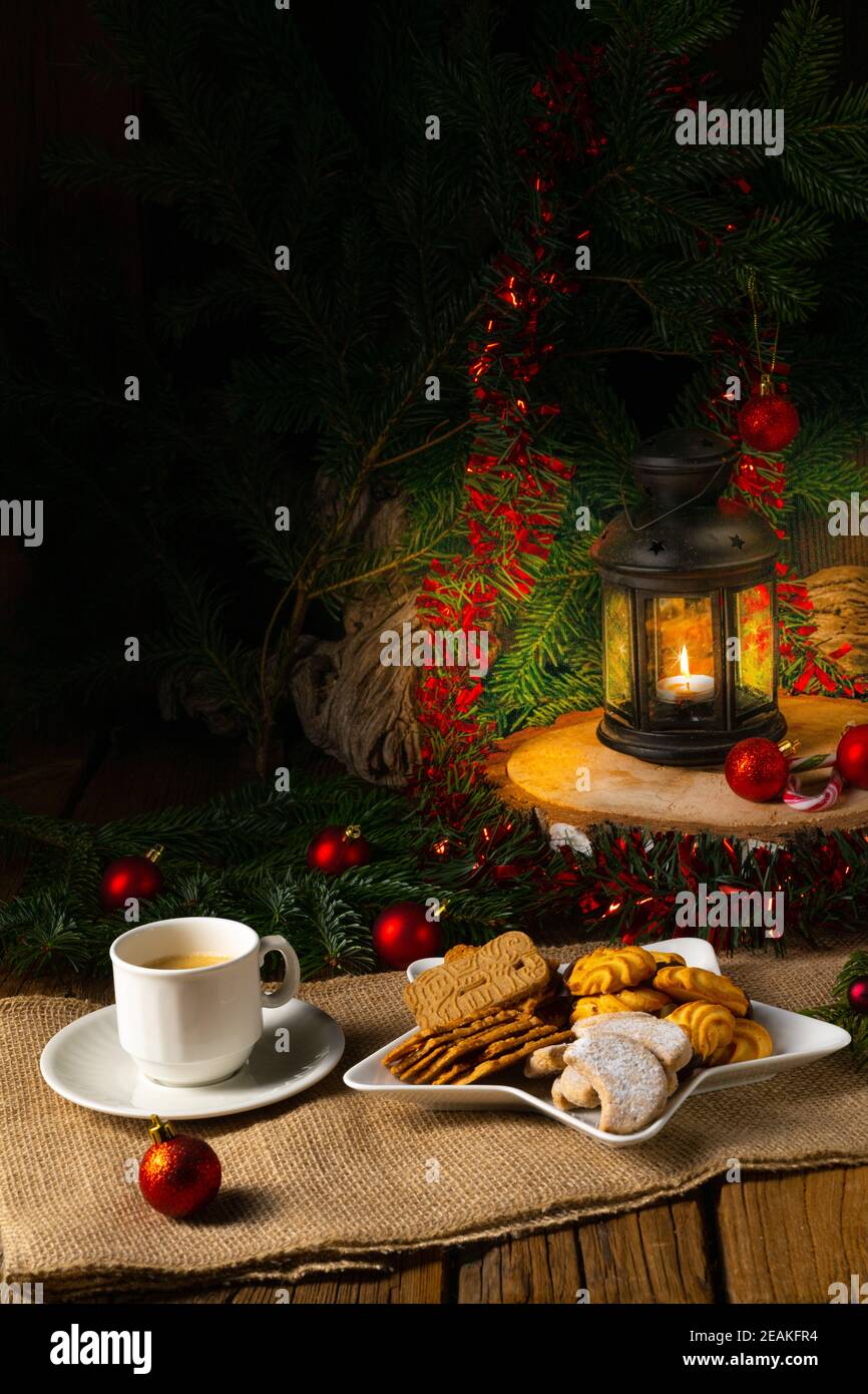 Different types of biscuits with rustic Christmas decorations Stock Photo