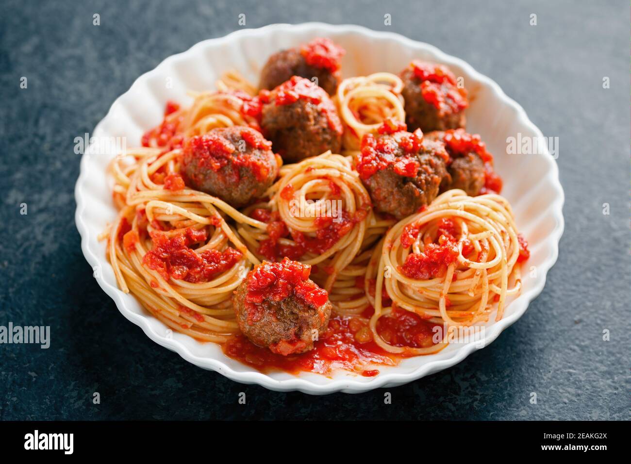 rustic italian american meatball spaghetti tomato sauce Stock Photo Alamy