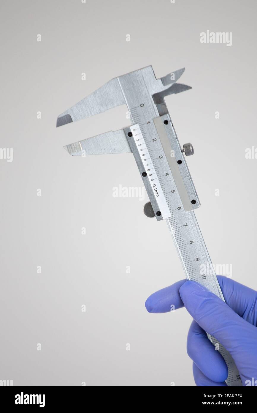 The dentist holds the jaw and measures the teeth with a caliper Stock ...