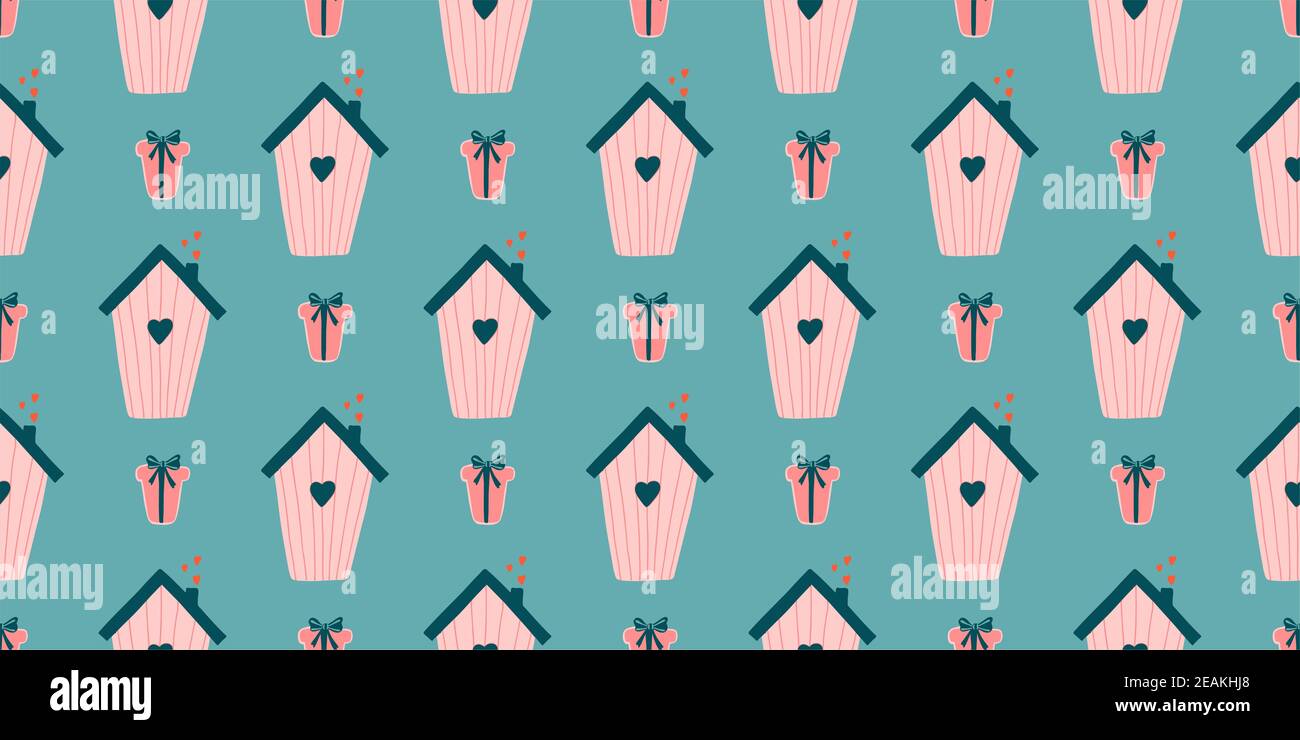 Cute love pattern. Abstract seamless pattern of love. Valentine's Day wrapping paper. Girly repeating background with birdhouses. Romantic wallpaper for girls, textiles, clothing, wrapping paper Stock Photo