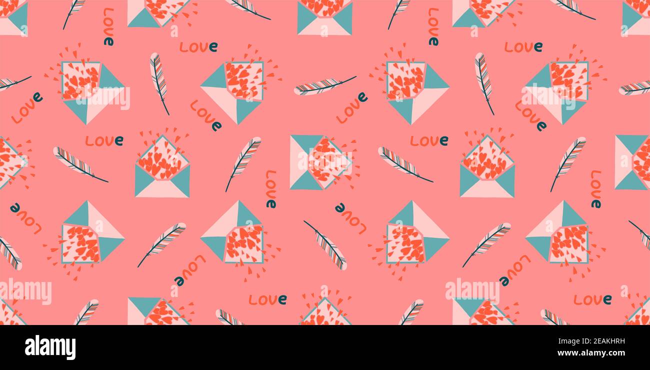 A poster for lovers. Spring pink seamless pattern. Valentine's day concept.Envelope with hearts. Love message Stock Photo