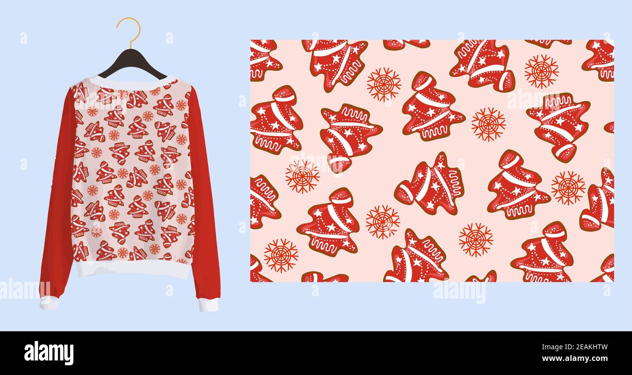 Trending Christmas print for fabric and textile. New Years seamless pattern. Christmas gingerbread. Winter pattern on a pink background Stock Photo