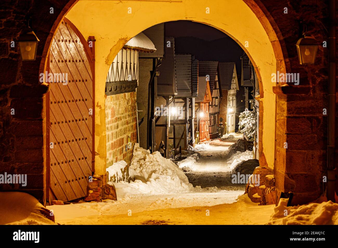 Half timbered houses of Herleshausen in the winter time Stock Photo
