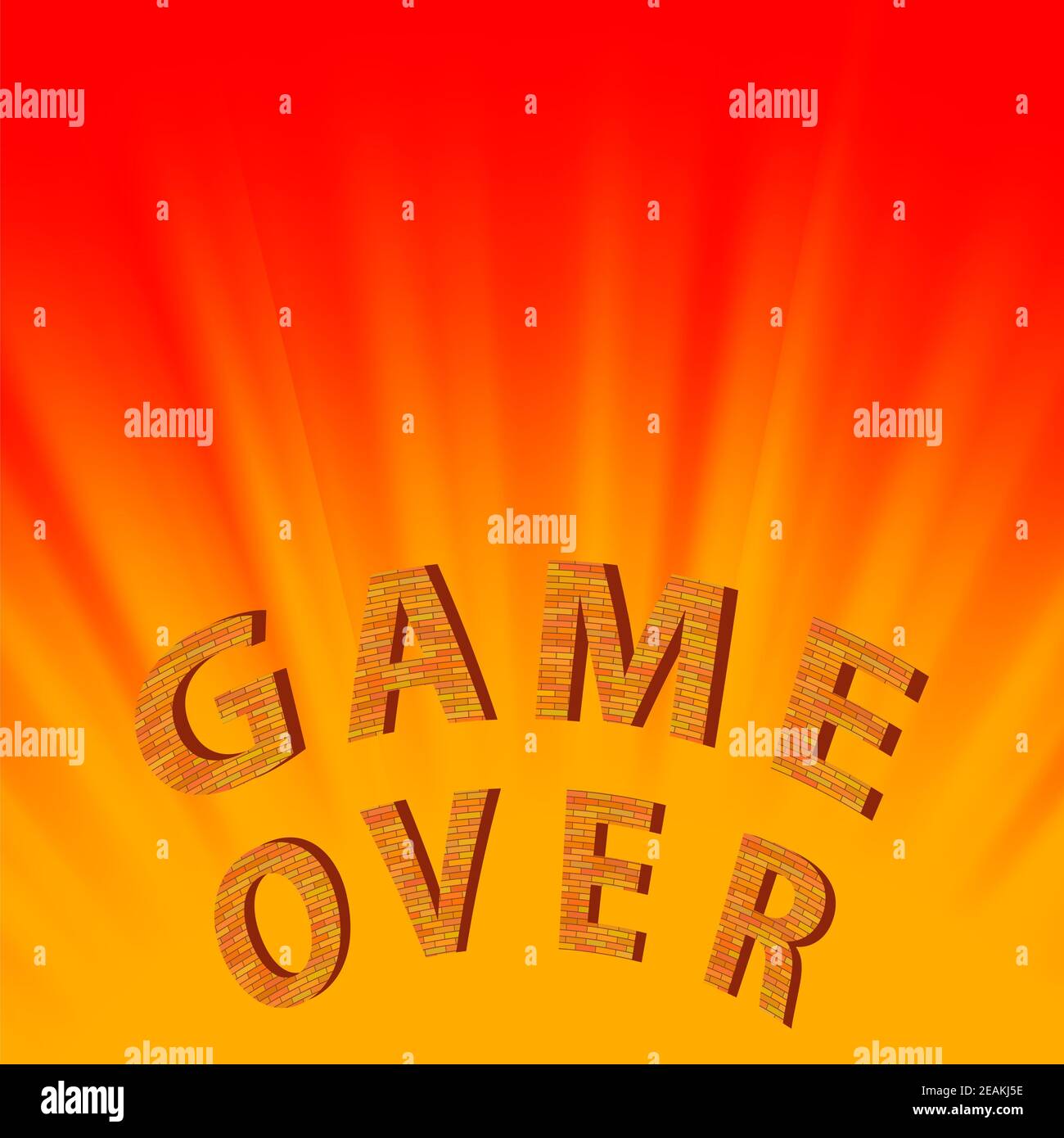 Retro Pixel Game Over Sign on Red Yellow Background. Gaming Concept. Video Game Screen Stock Photo
