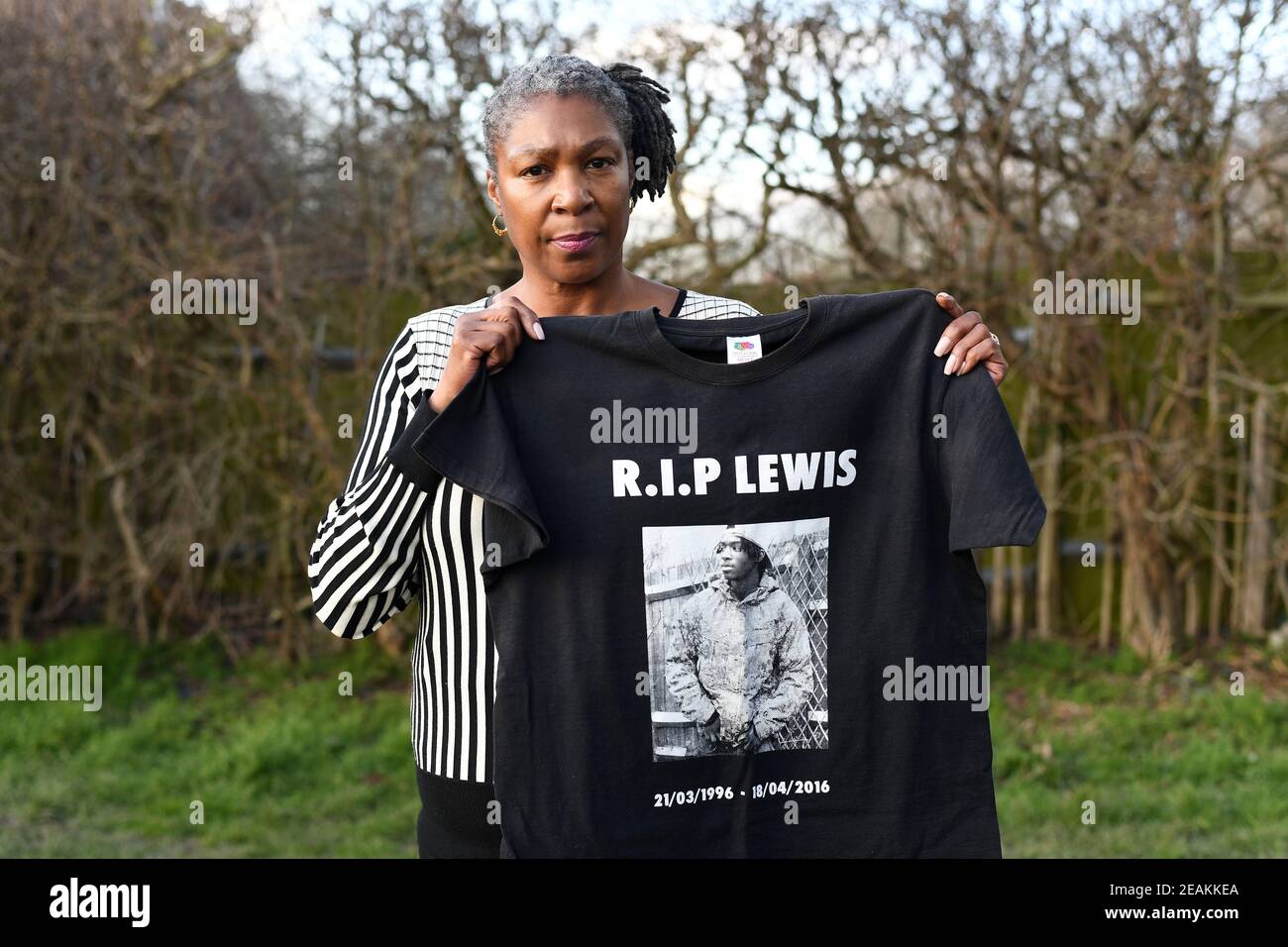 Sandra Graham, the mother of Lewis Elwin who was fatally stabbed in Tooting in April 2016, holds a t-shirt in remembrance of her son. Picture date: Friday March 6, 2020. Stock Photo