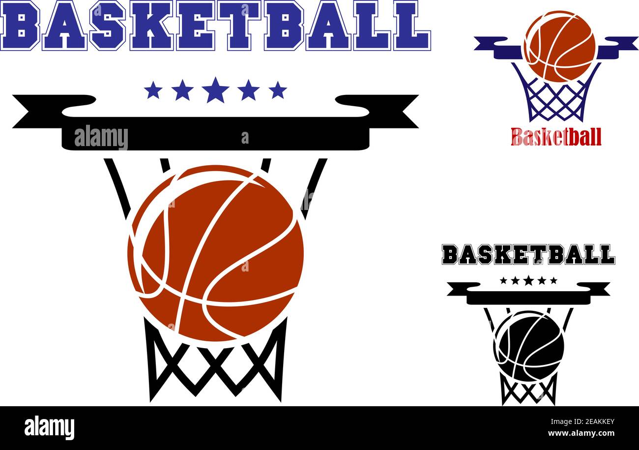 Basketball sports symbols with basket, ball and text with stars for