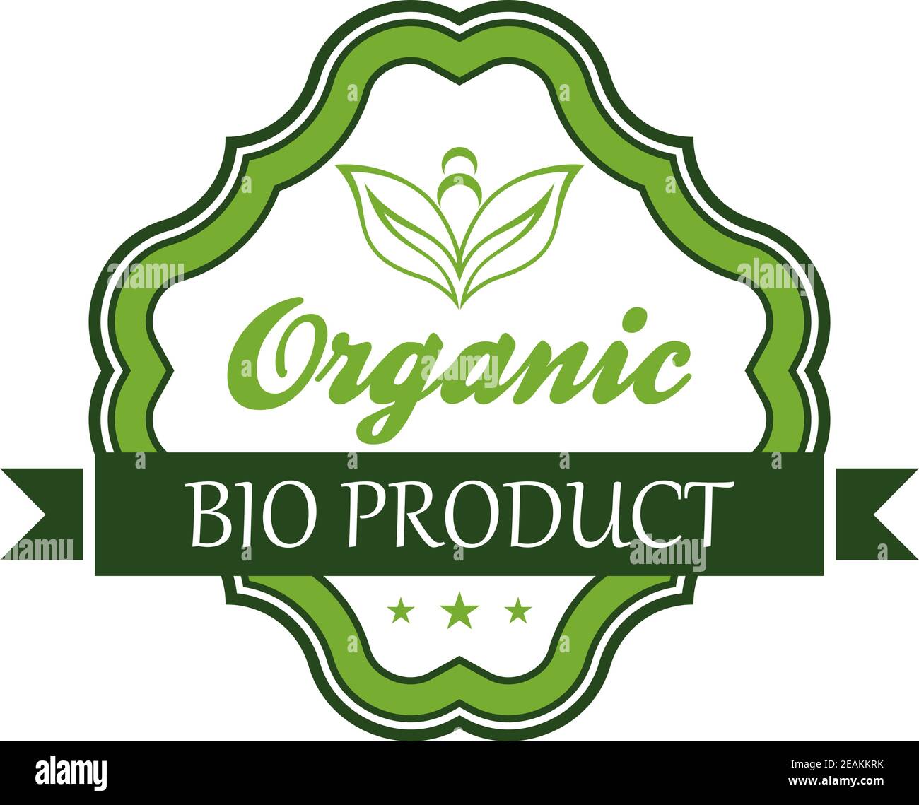 Organic bio product emblem or label in shades of green with an ornate cartouche enclosing the script - Organic - and a ribbon banner with the words - Stock Vector