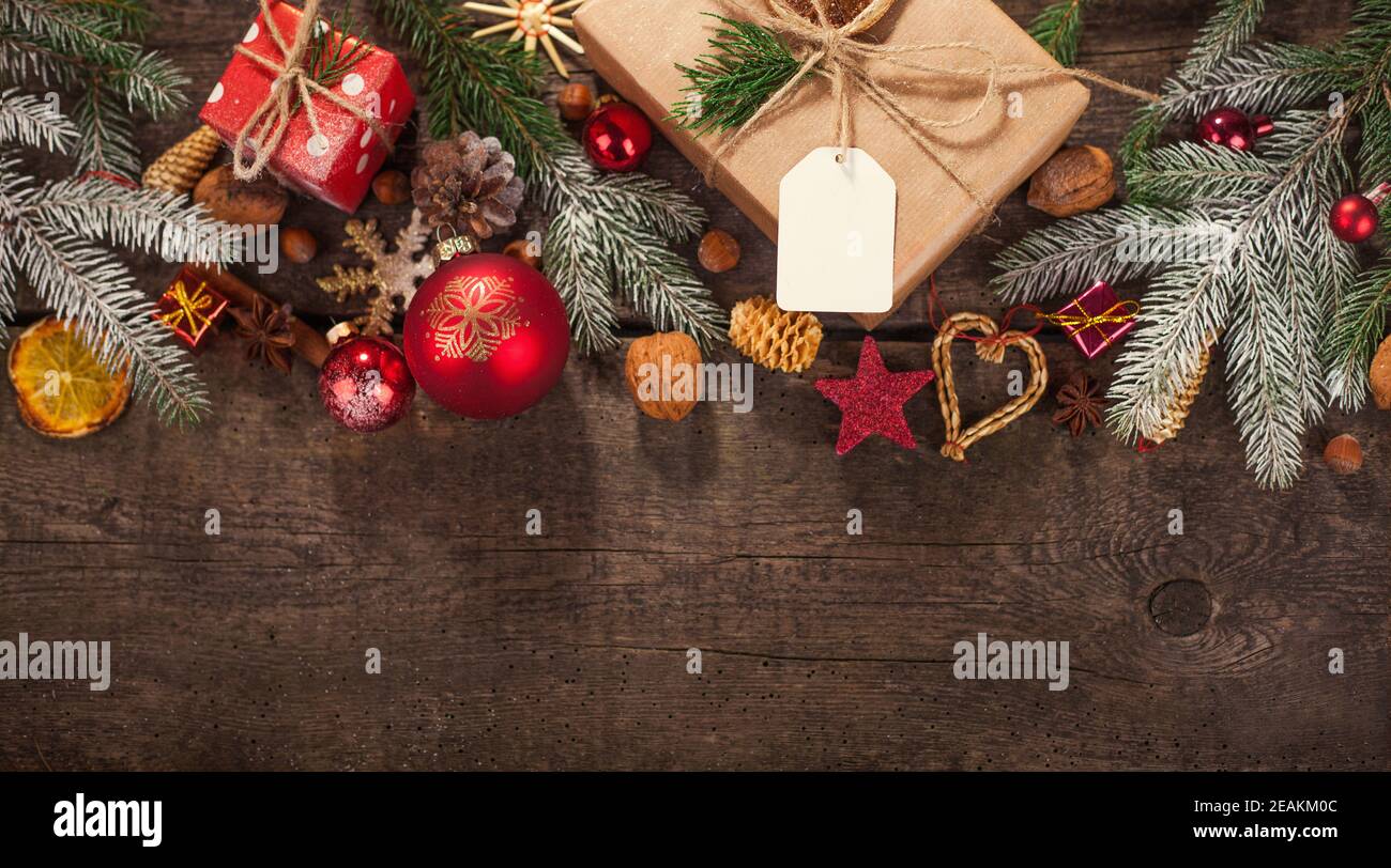 Handmade wrapped christmas gift boxes on celebrate background Stock