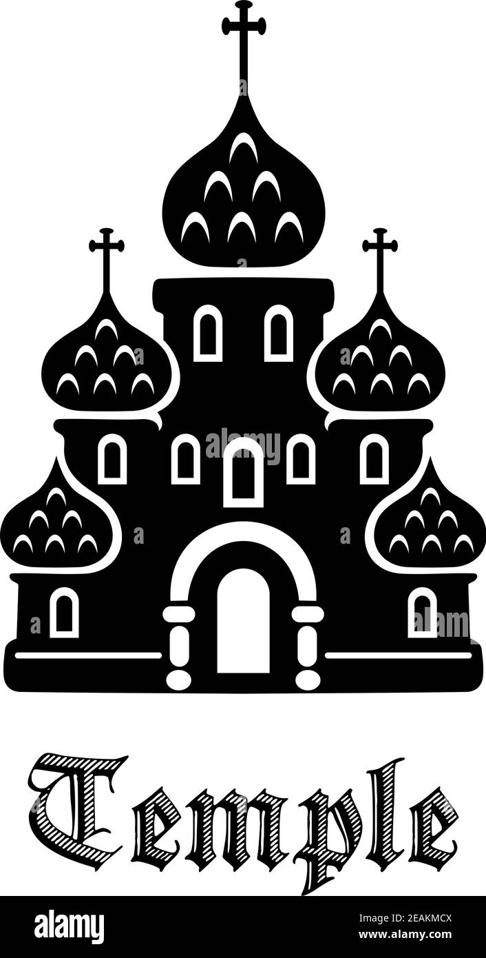 Black and white architectural icon of a Temple with tiered ornate onion domes and a cross on top with the word - Temple - below Stock Vector