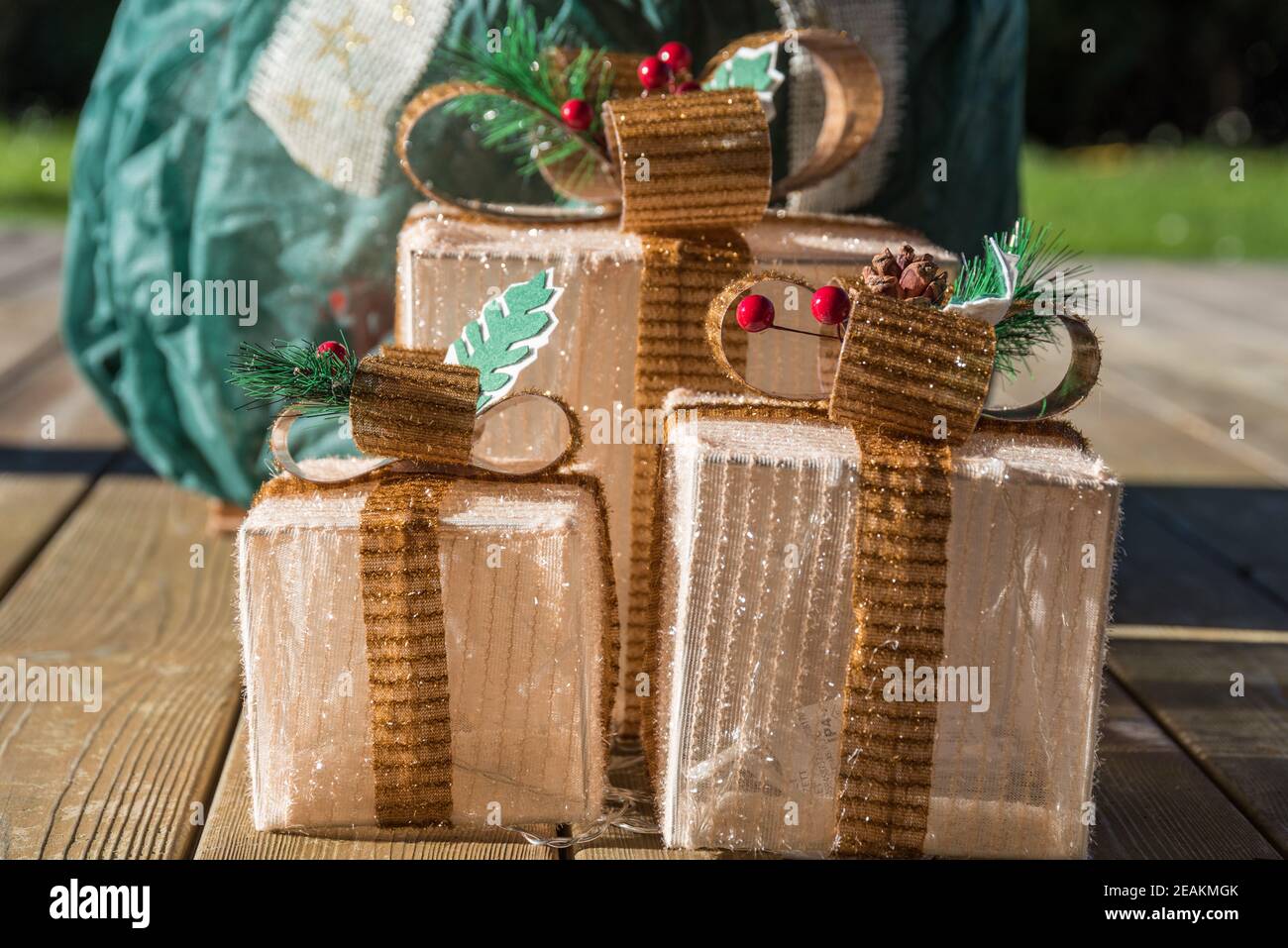 Christmas gifts as outdoor decoration Stock Photo