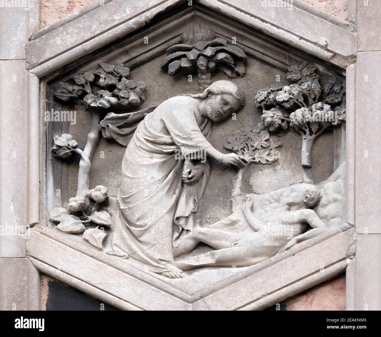 Creation of Adam, Andrea Pisano, 1334-36., Relief on Giotto Campanile of Cattedrale di Santa Maria del Fiore (Cathedral of Saint Mary of the Flower), Florence, Italy Stock Photo