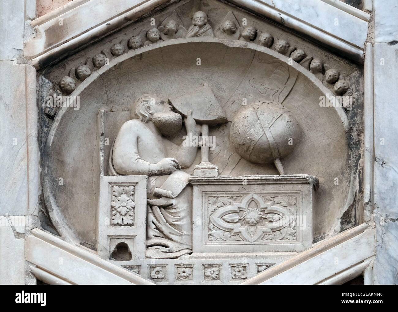 Gionitus. Inventor of Astronomy, (1334-1336). From the workshop of Andrea Pisano, Relief on Giotto Campanile of Cattedrale di Santa Maria del Fiore (Cathedral of Saint Mary of the Flower), Florence, Italy Stock Photo