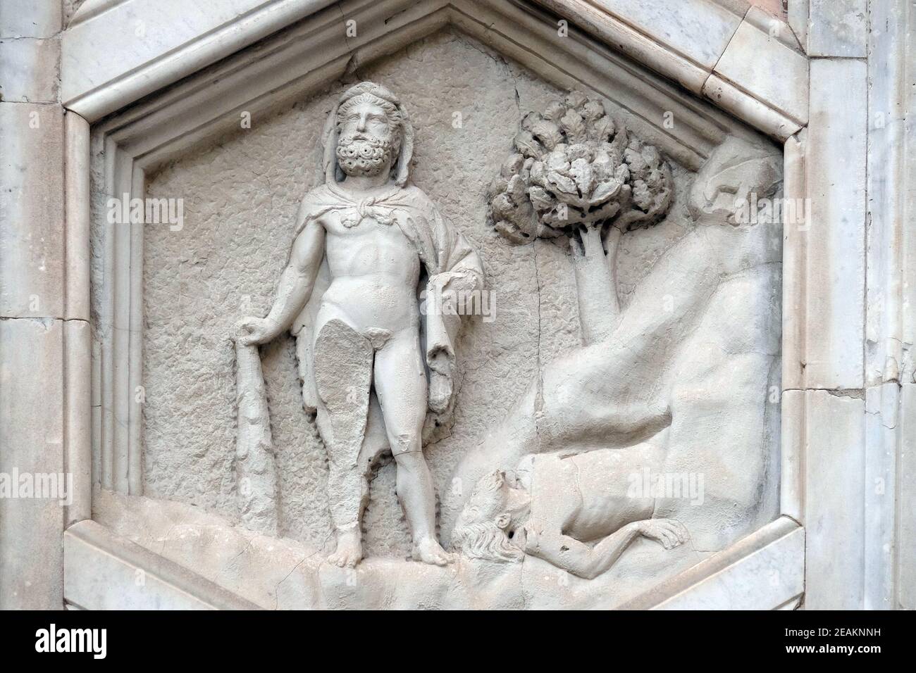 Hercules and Cacus from the workshop of Andrea Pisano, Relief on Giotto Campanile of Cattedrale di Santa Maria del Fiore (Cathedral of Saint Mary of the Flower), Florence, Italy Stock Photo