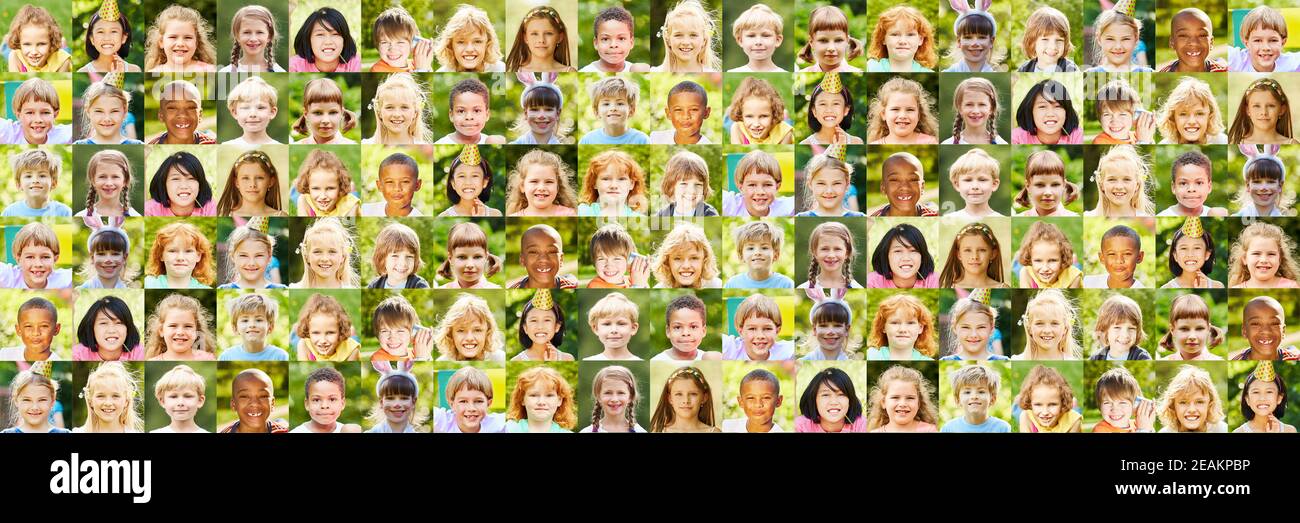 Panoramic portrait collage of children as a childhood and society concept Stock Photo