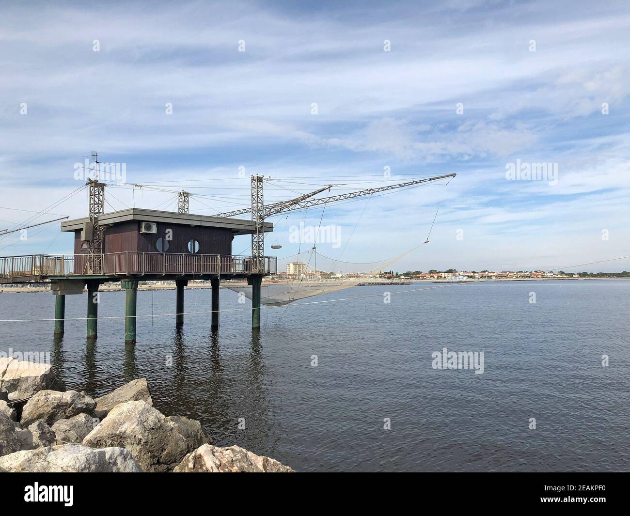 Fishing lodge at Porto Garibaldi, Emilia-Romagna coast, Italy Stock Photo