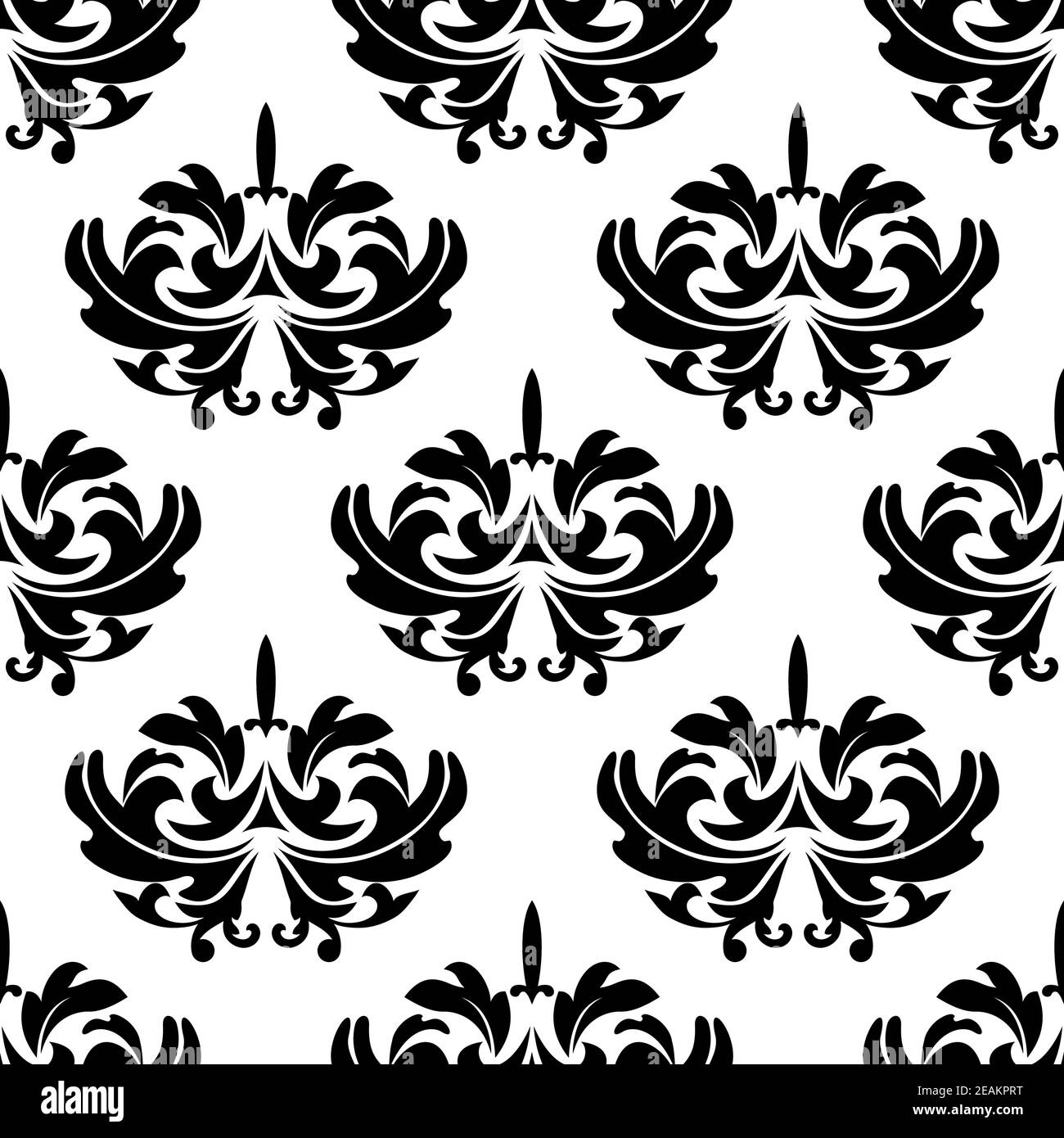Damask style arabesque pattern with a repeat black and white floral