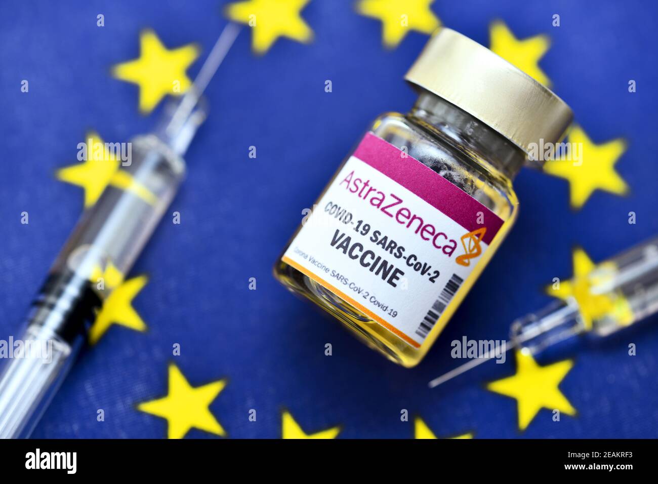 Vaccine Vial On EU Flag, AstraZeneca Vaccine Supply Stock Photo