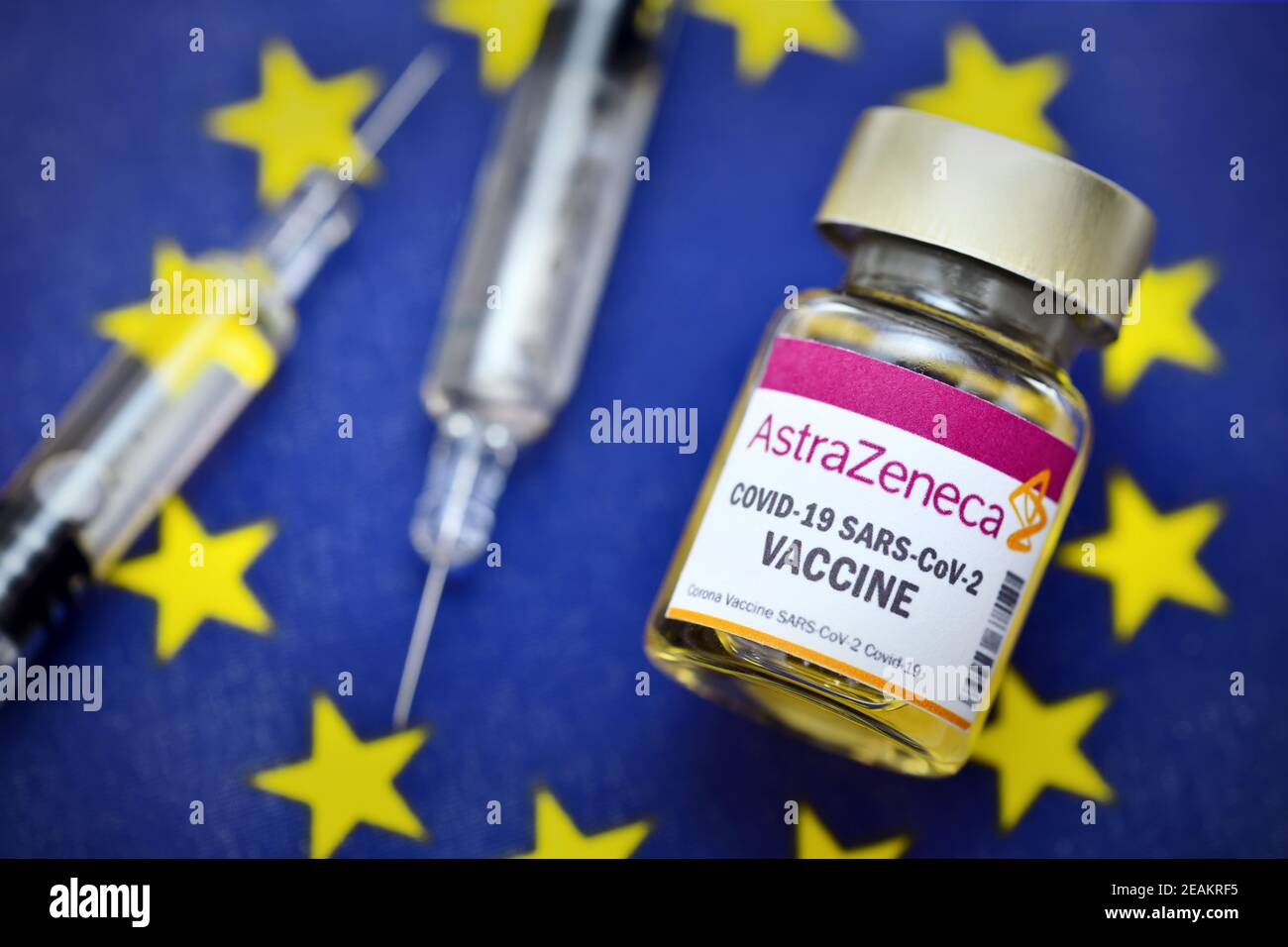 Vaccine Vial On EU Flag, AstraZeneca Vaccine Supply Stock Photo
