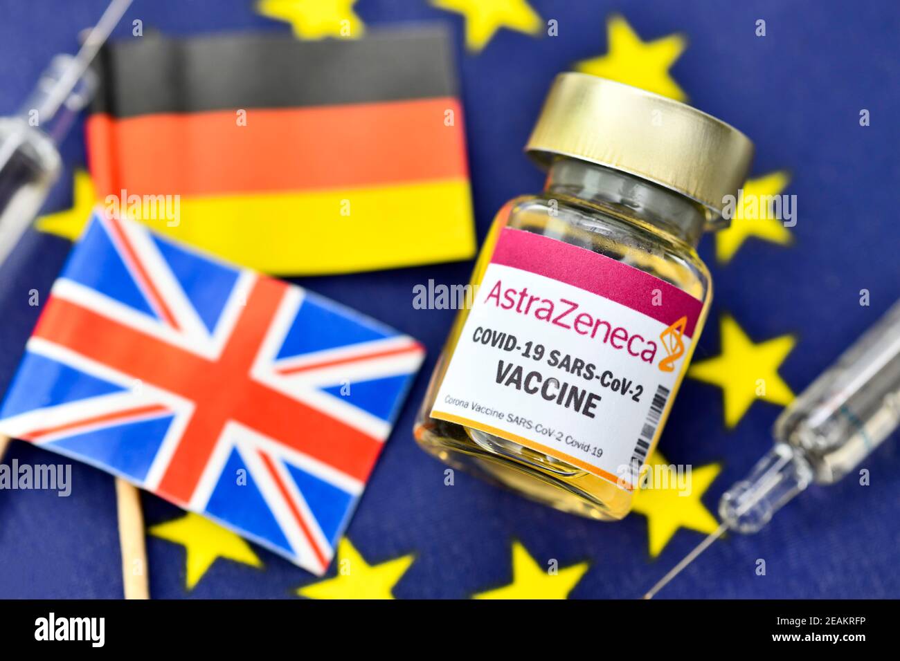 Vaccine Vial On EU Flag, AstraZeneca Vaccine Supply Stock Photo