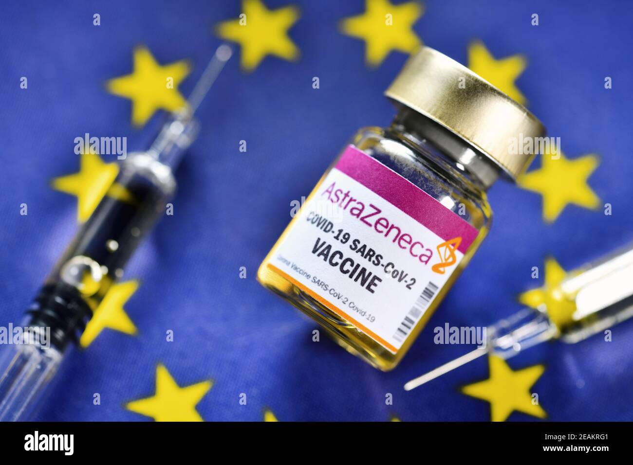 Vaccine Vial On EU Flag, AstraZeneca Vaccine Supply Stock Photo