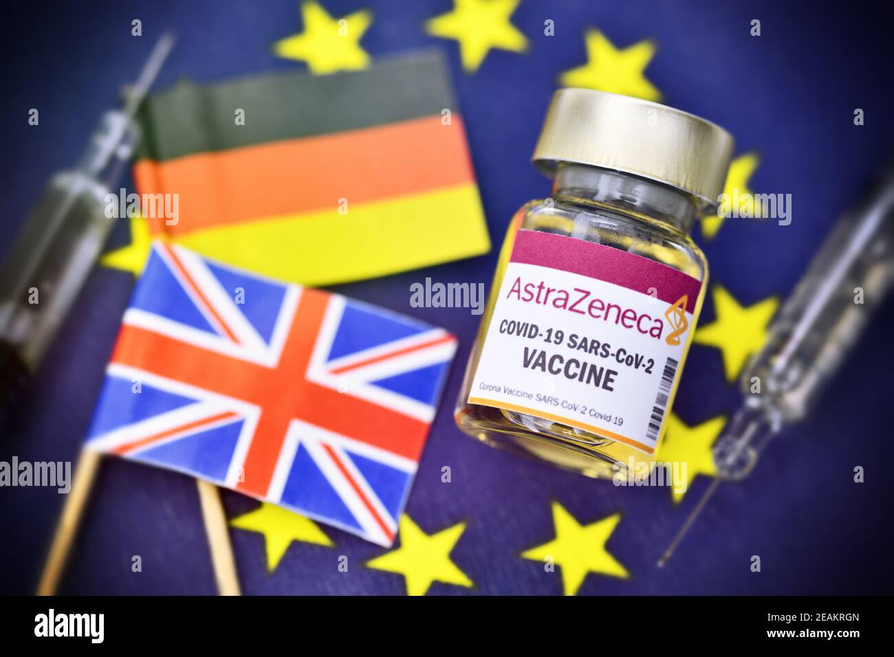 Vaccine Vial On EU Flag, AstraZeneca Vaccine Supply Stock Photo