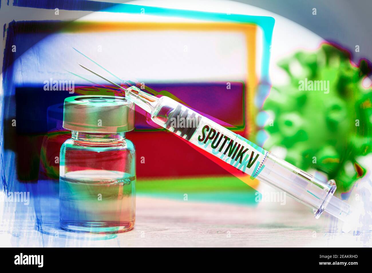 Vaccine Vial, Syringe, Coronavirus Model And Russian Flag, Sputnik V Vaccine Stock Photo